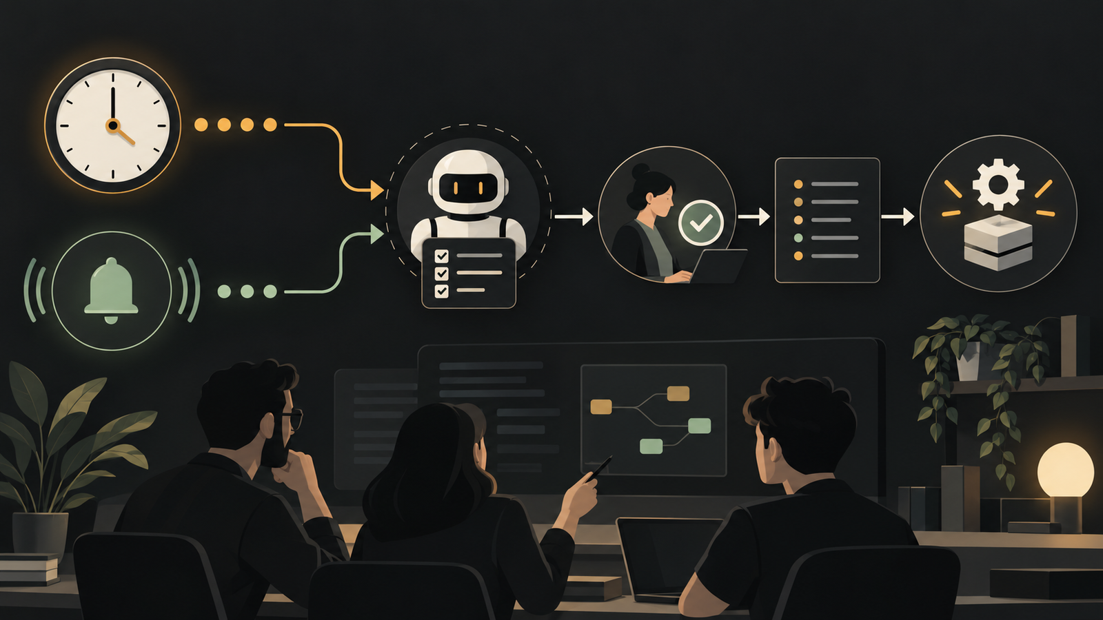 Clock and event triggers start a scoped agent task that passes human approval and an audit step.