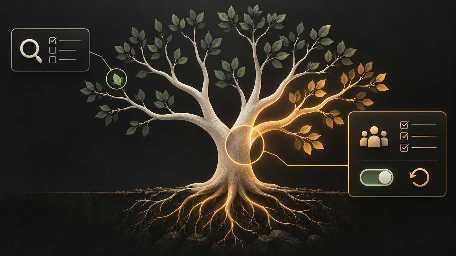 A codebase tree shows small leaf changes and a higher-impact trunk change requiring deeper review and a switch.