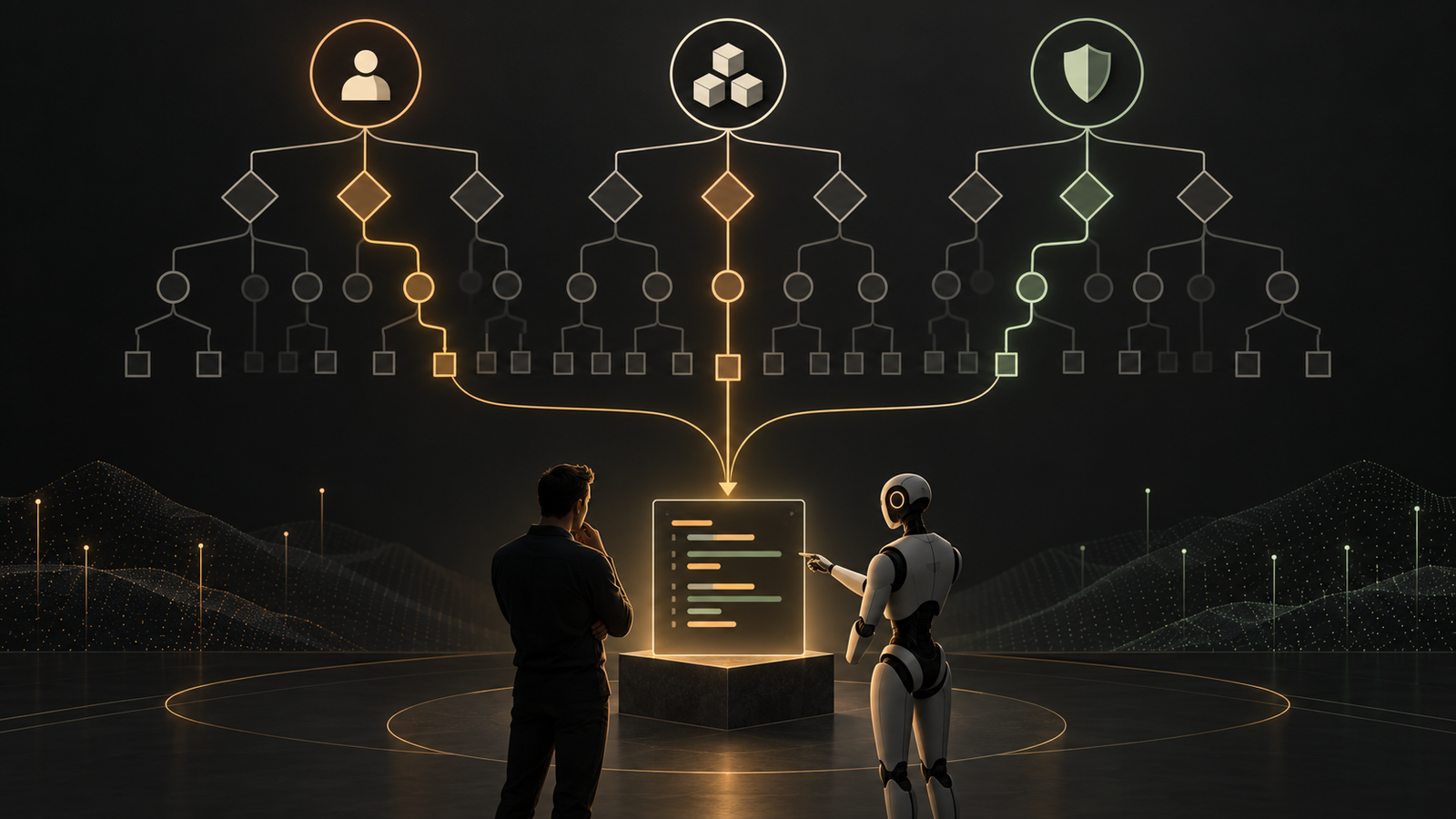 Product, architecture, and risk decisions branch toward a code change reviewed by an engineer.