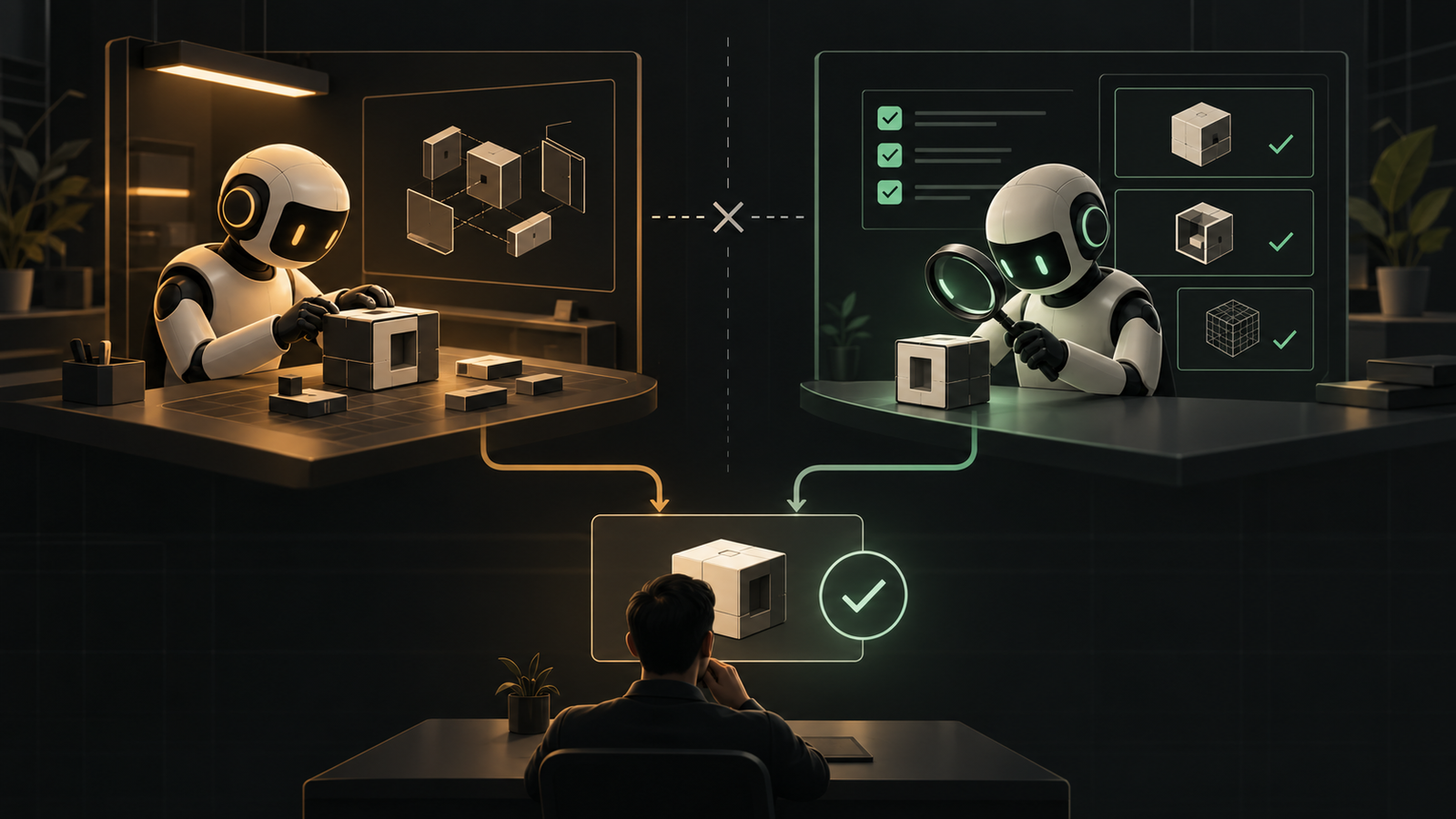 One agent builds a component and an independent agent checks it before human approval.