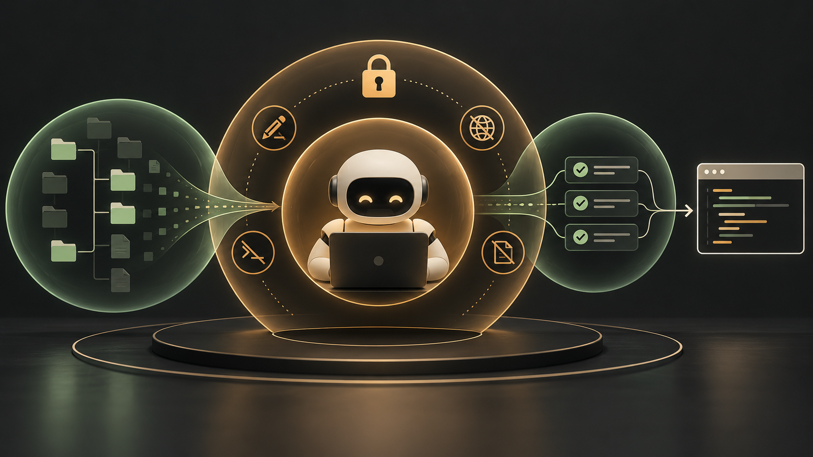 Selected repository context, permission boundaries, and tests surround an AI coding agent.