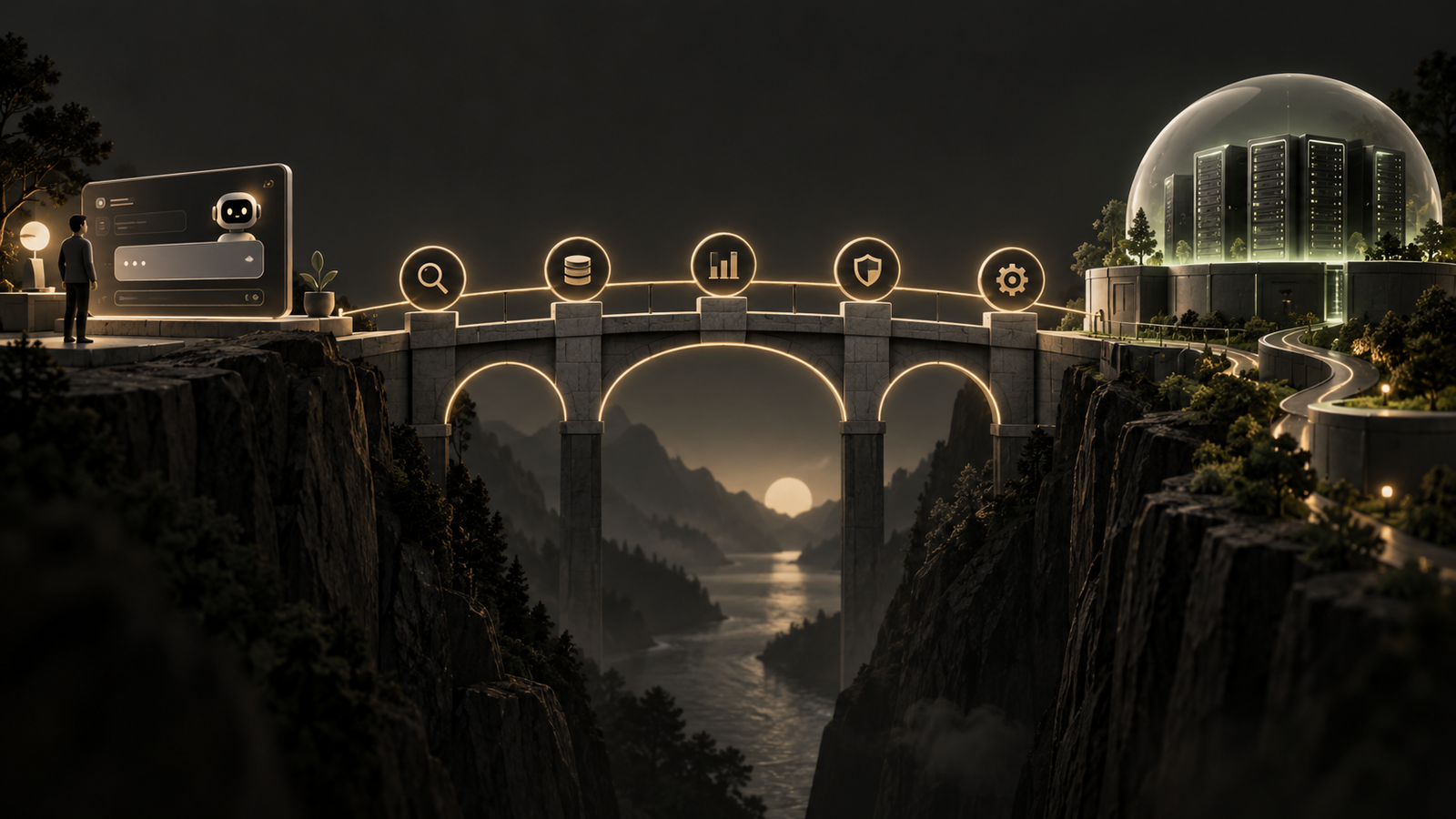A bridge from an AI demo to production is supported by evaluation, data, monitoring, security, and operations.