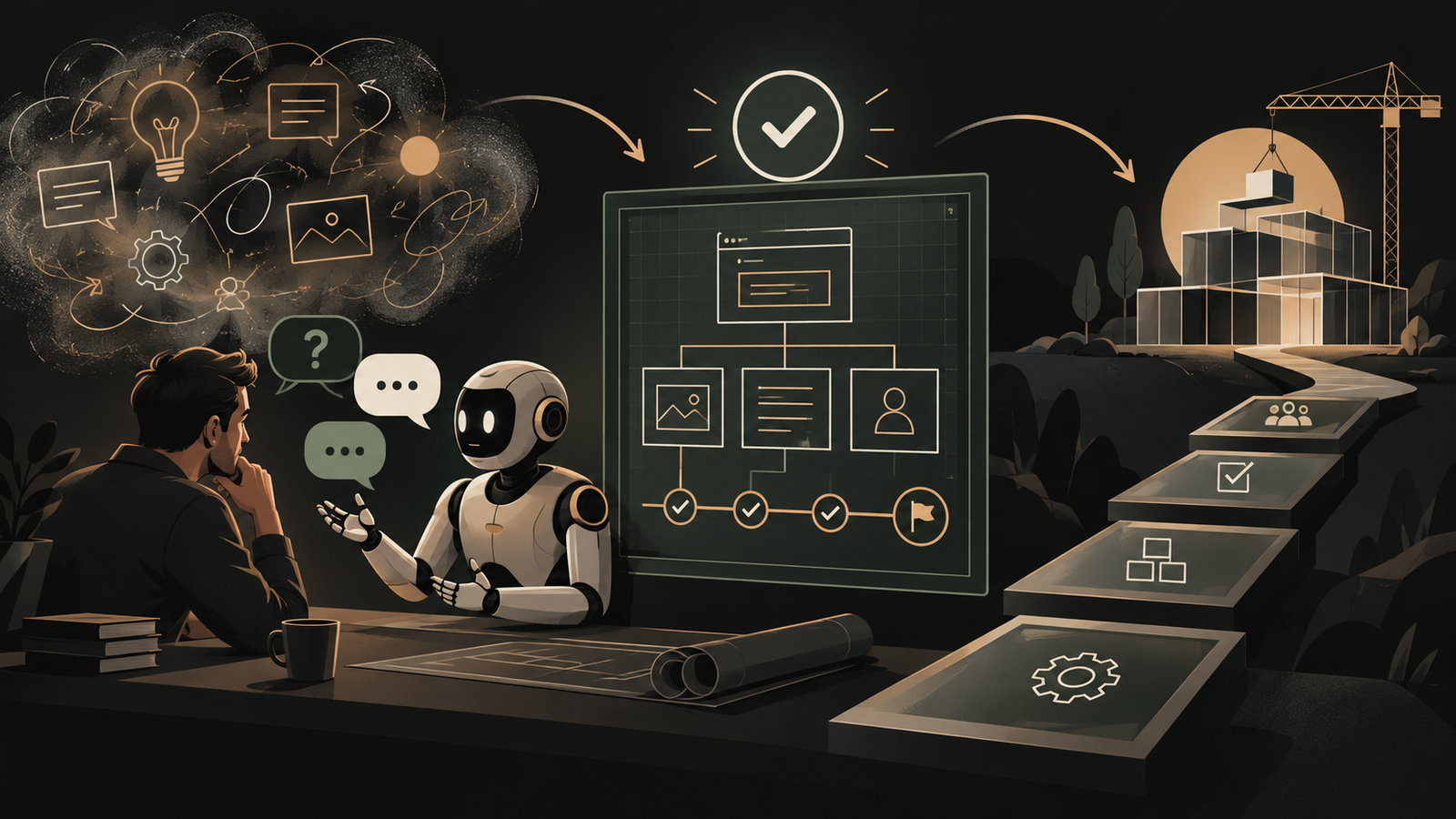 A human and AI agent clarify ideas into an agreed product blueprint before the build begins.