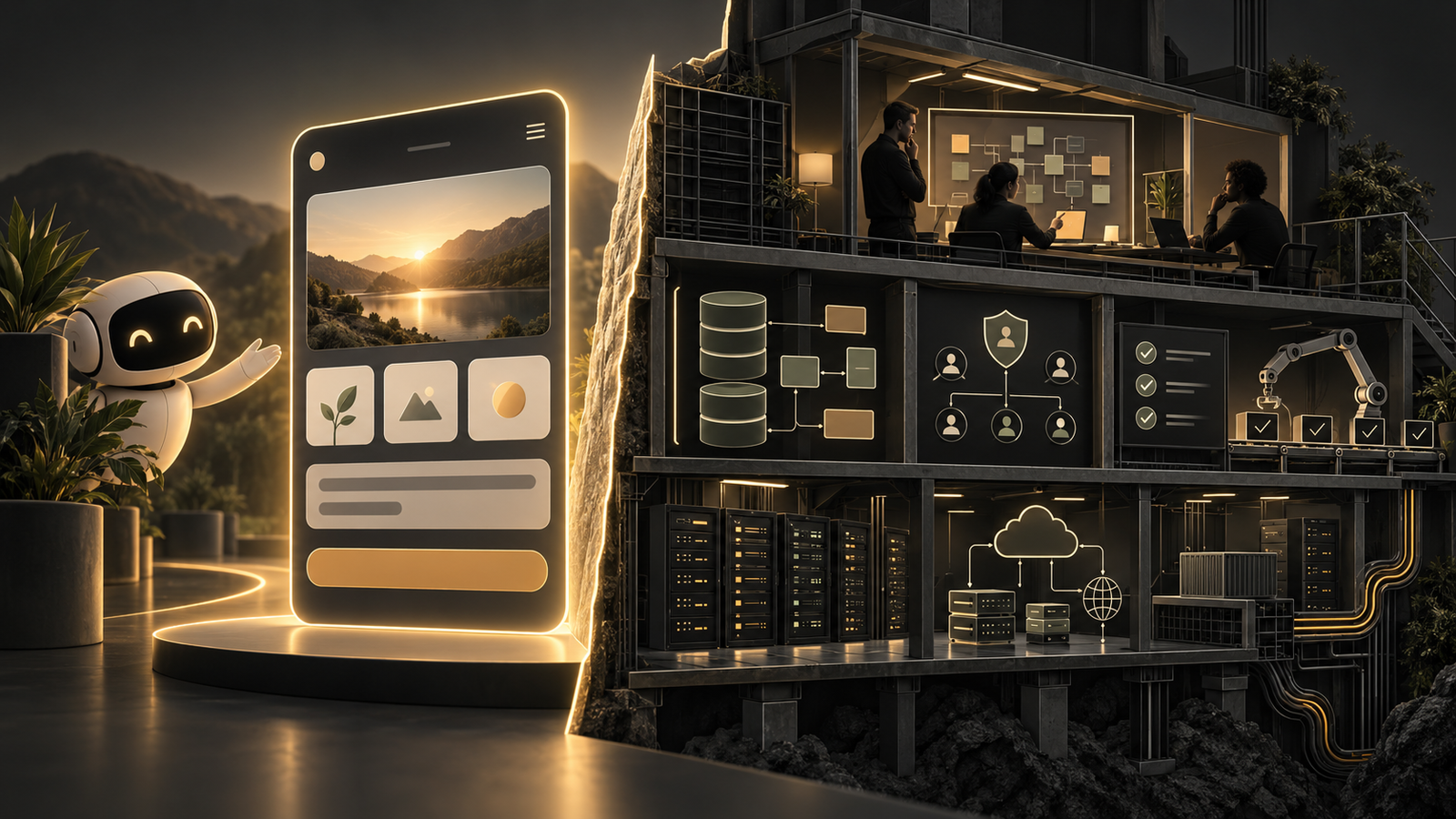 A polished app facade is contrasted with the data, access, testing, infrastructure, and review behind production.