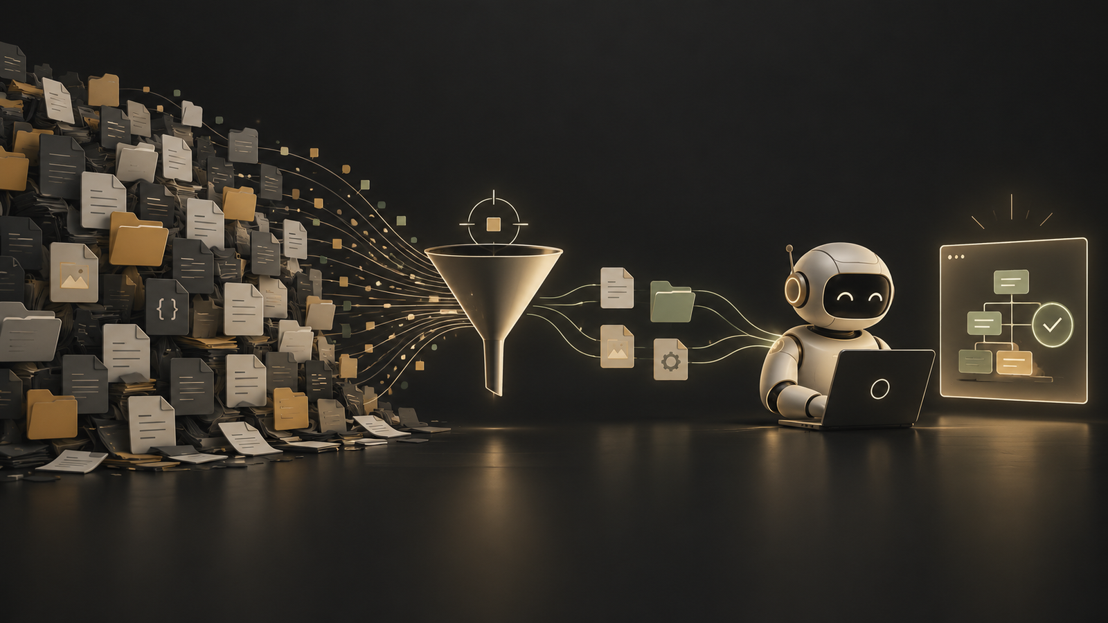 A filter selects relevant files from a large repository before passing them to an AI coding agent.