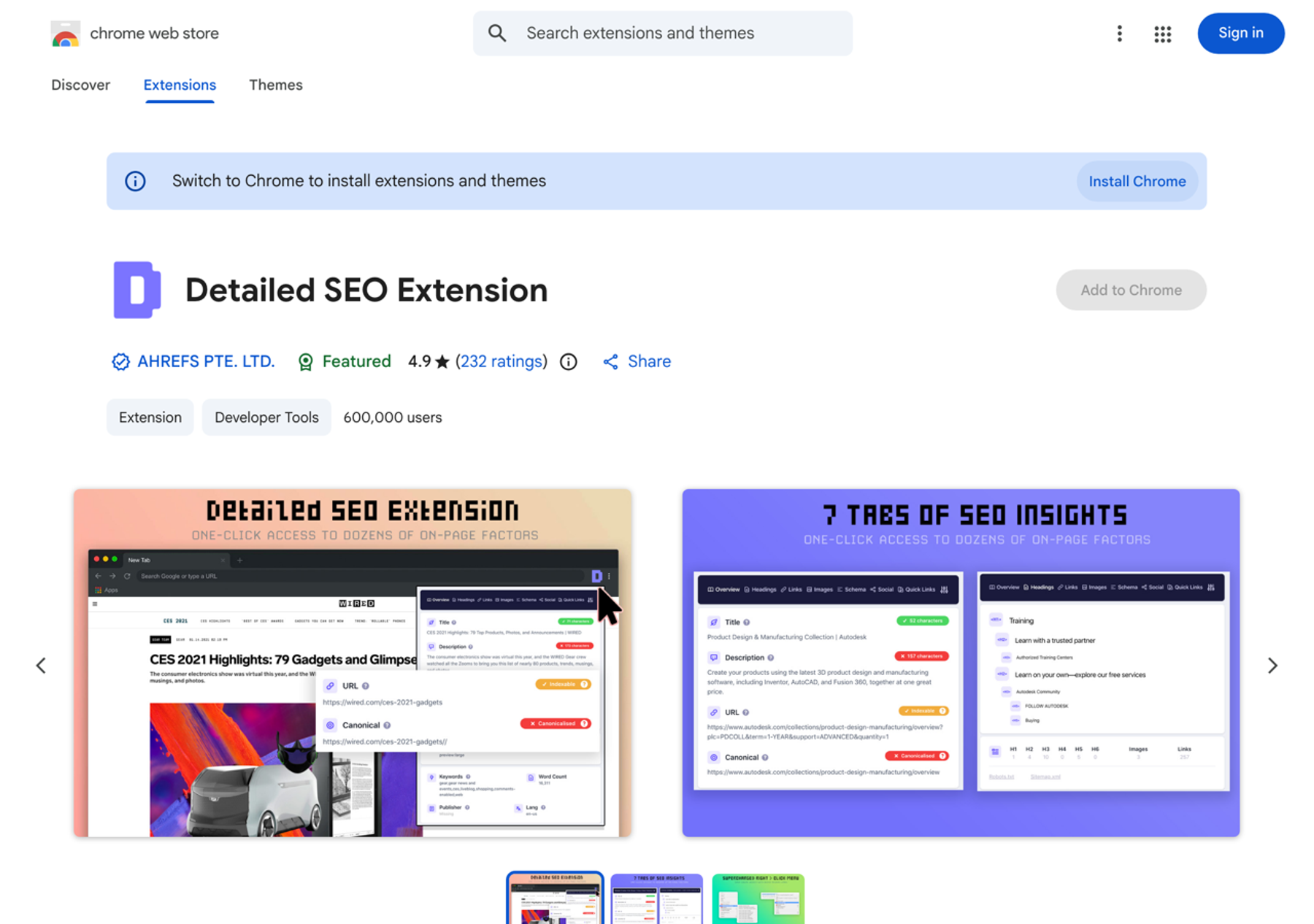 Detailed SEO Extension ürün arayüzü