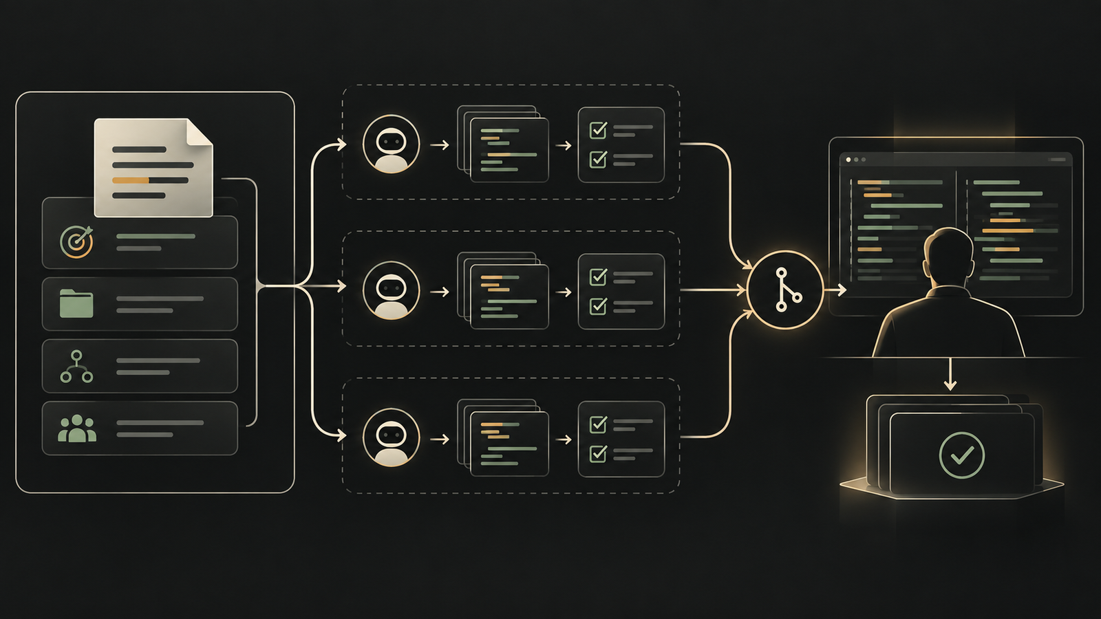Scoped agent work runs in isolated lanes, passes verification, and converges at human integration.
