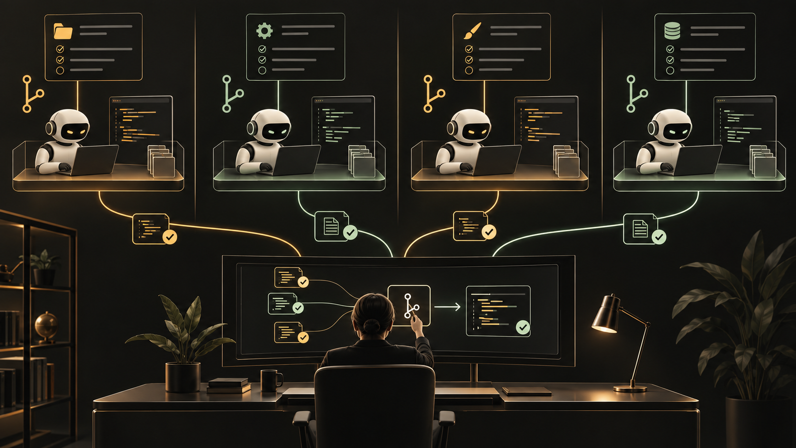 Parallel coding agents work in separate branches before a human combines verified changes.