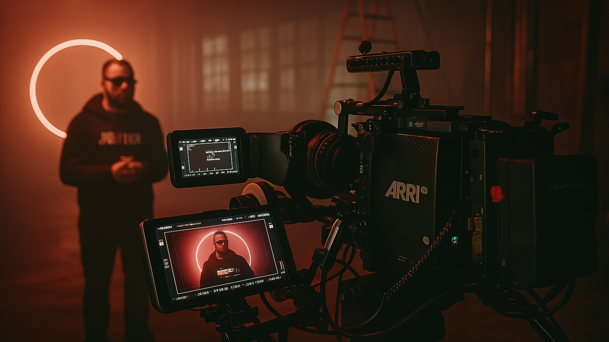1. Behind the scenes of a cinematic brand shoot in a red-lit studio using ARRI camera gear 2. Professional studio shoot setup with ARRI camera capturing talent under neon red light 3. ARRI camera and monitor setup during high-end lifestyle brand shoot in moody red lighting 4. Director’s view of studio shoot with neon halo light and talent framed on ARRI monitor 5. Cinematic brand shoot environment showing studio gear, lighting rig, and model on screen
