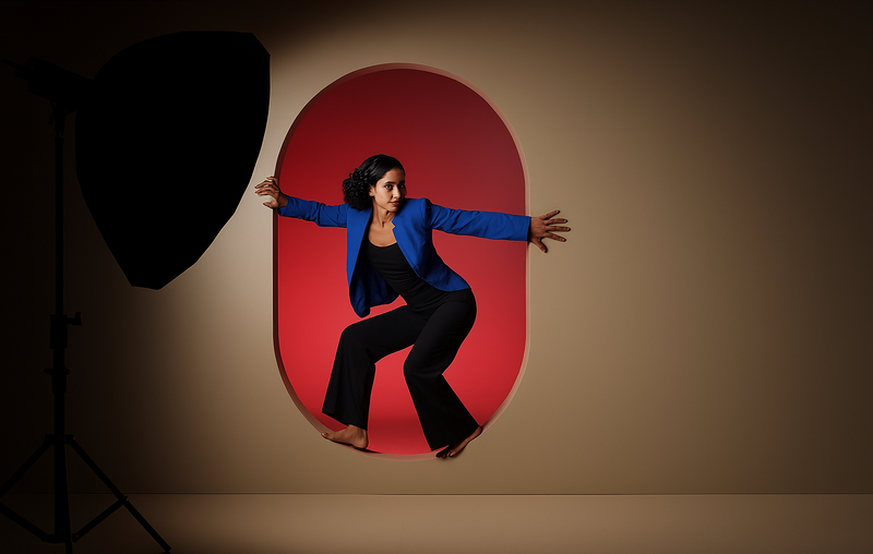 Studio portrait of a woman in a bright blue blazer striking a dynamic pose inside a beige arched cutout wall with red backdrop, lit by a softbox during a fashion or editorial photoshoot