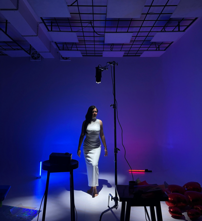 BTS of fashion campaign with dramatic lighting and minimal set design