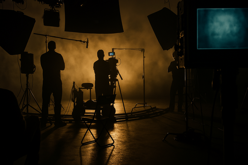 Behind the scenes of a high-end film production set with dramatic lighting and smoke effects, featuring silhouetted crew members operating professional cinema cameras, LED panels, and softboxes, while a large studio monitor displays the live feed — perfect visual for content on filmmaking, studio rental setups, or commercial ad shoots listed on BOOKD