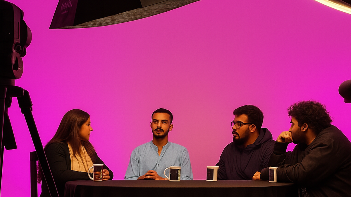 Behind the scenes of a professional podcast recording session in a modern Indian studio with magenta lighting, four diverse speakers seated at a black table, surrounded by softbox lights, tripods, and DSLR cameras — ideal setup for content creators, Instagram reels, and branded video production.