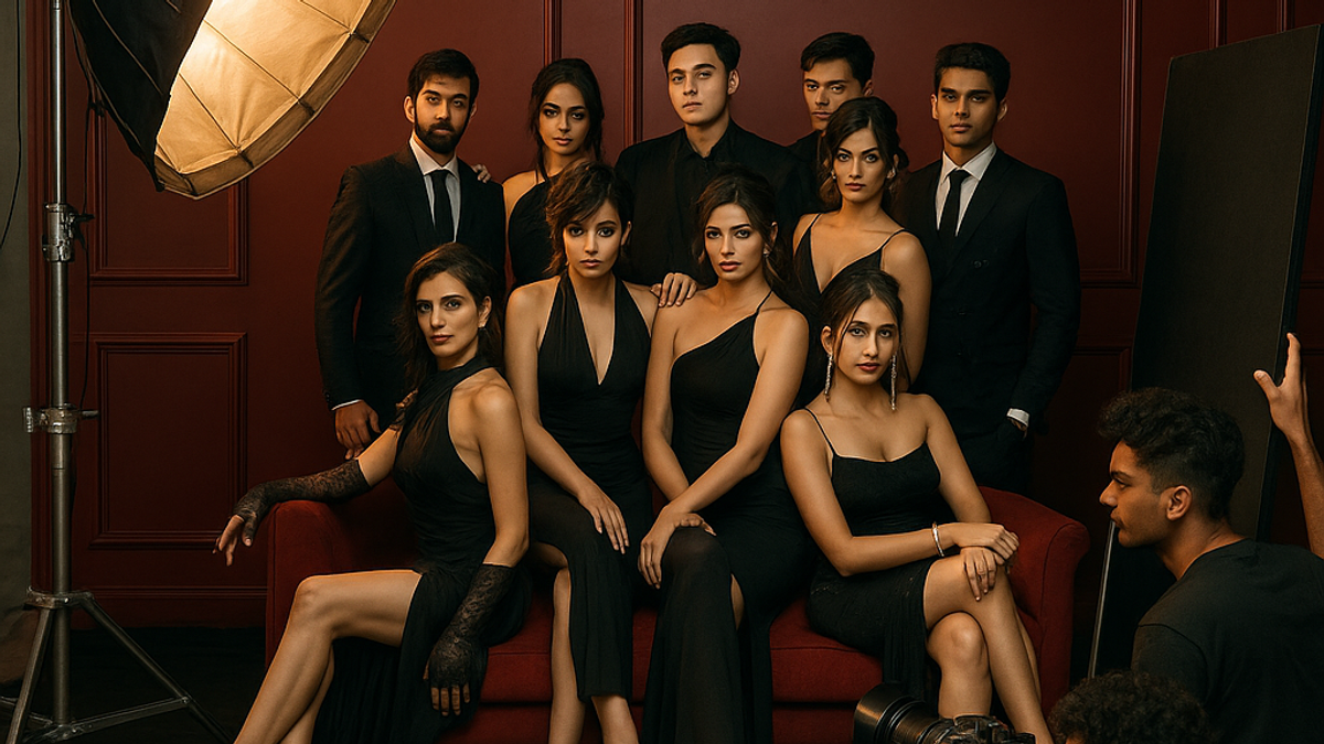 Behind the scenes of high fashion group photoshoot with models in black outfits at studio for rent in Delhi, NCR, Mumbai, Bangalore, Bengaluru, Chandigarh for shoot and content creation