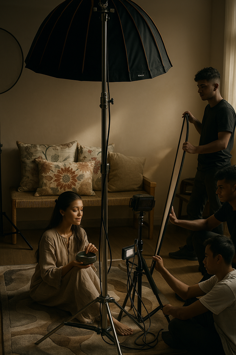 Behind the scenes of a lifestyle home decor shoot with female model and crew, studios in delhi, ncr, mumbai, bangalore, bangaluru, chandigarh, for rent, shoot