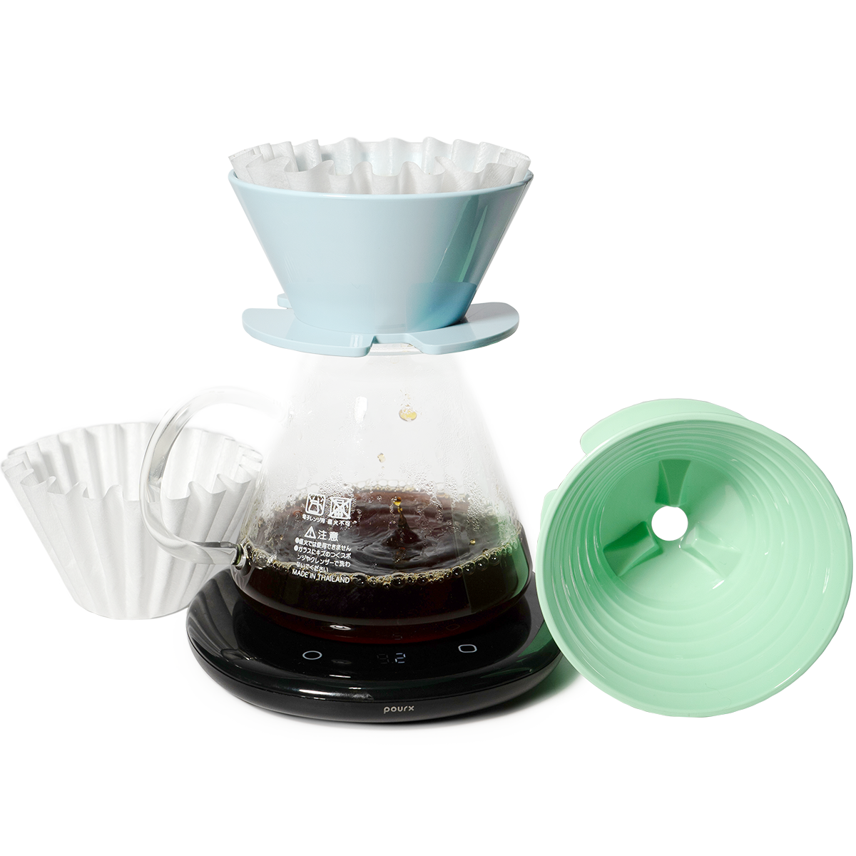 Kalita Wave 185 (100P) Paper Filter with a pour over in glass server and April Brewer