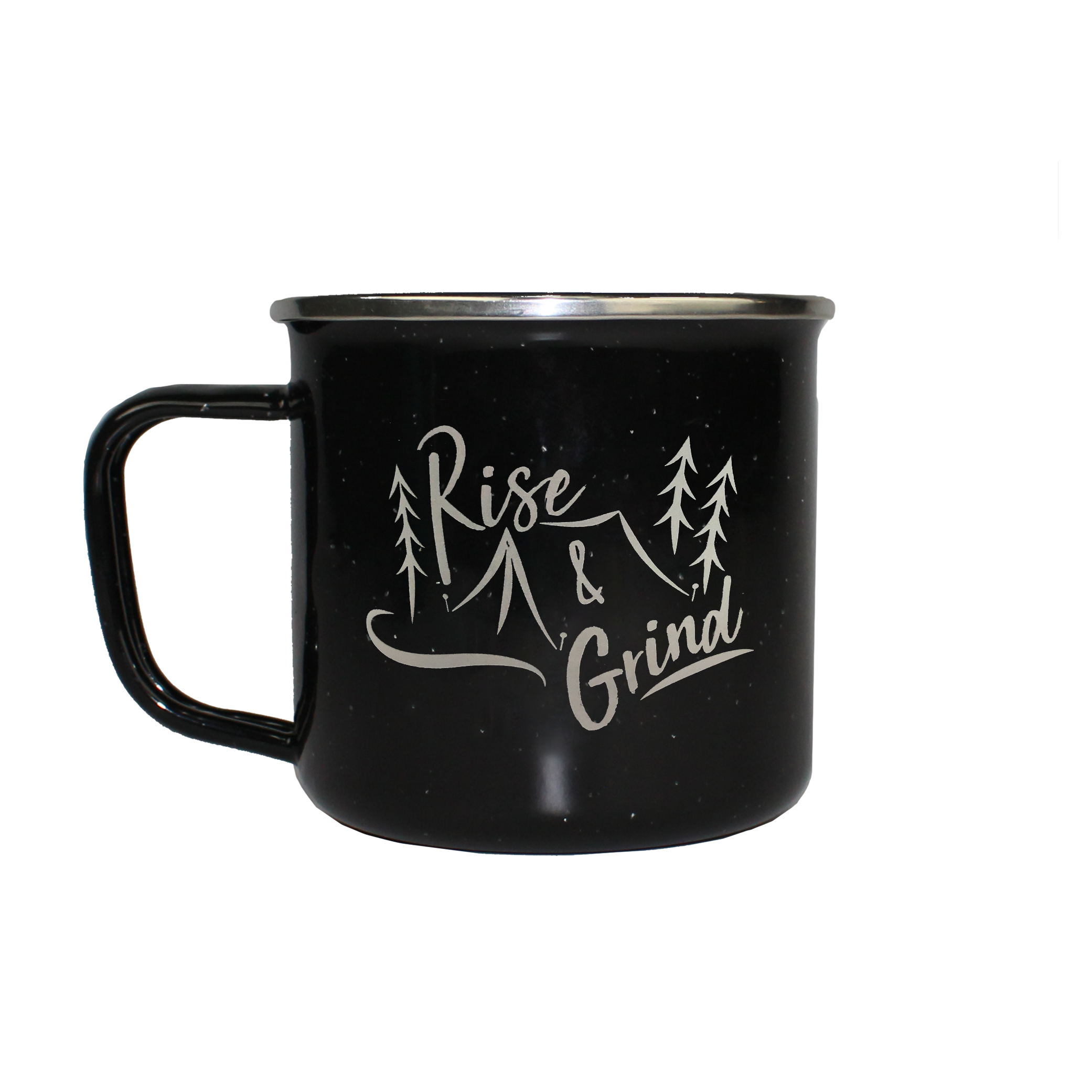 Rise & Grind Camper Mug 13oz. | White or Black color | Enamel with Stainless Steel Rim