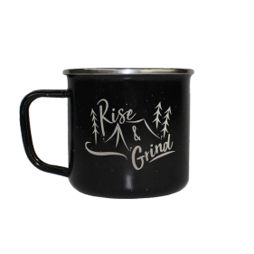 Rise & Grind Camper Mug 13oz. | White or Black color | Enamel with Stainless Steel Rim