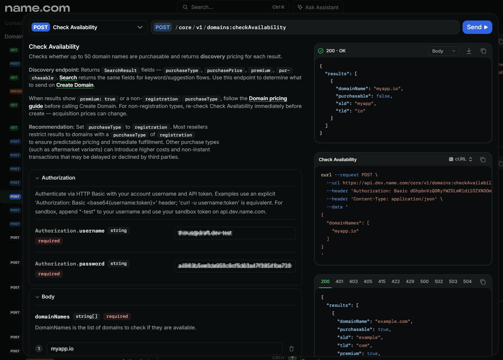 name.com API reference page for the checkAvailability endpoint, showing request fields and a sample JSON response