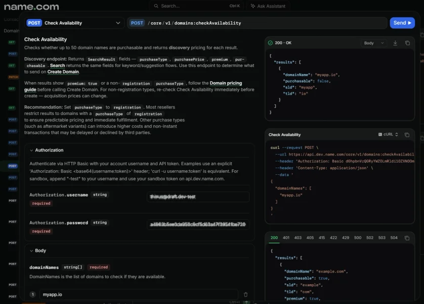 name.com API reference page for the checkAvailability endpoint, showing request fields and a sample JSON response