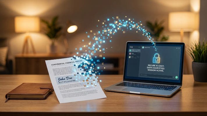 A confidential financial document with a person's name and account number dissolving into pixels as it transfers to a laptop running a secure AI chat, illustrating sensitive data being anonymized before it reaches an AI tool.