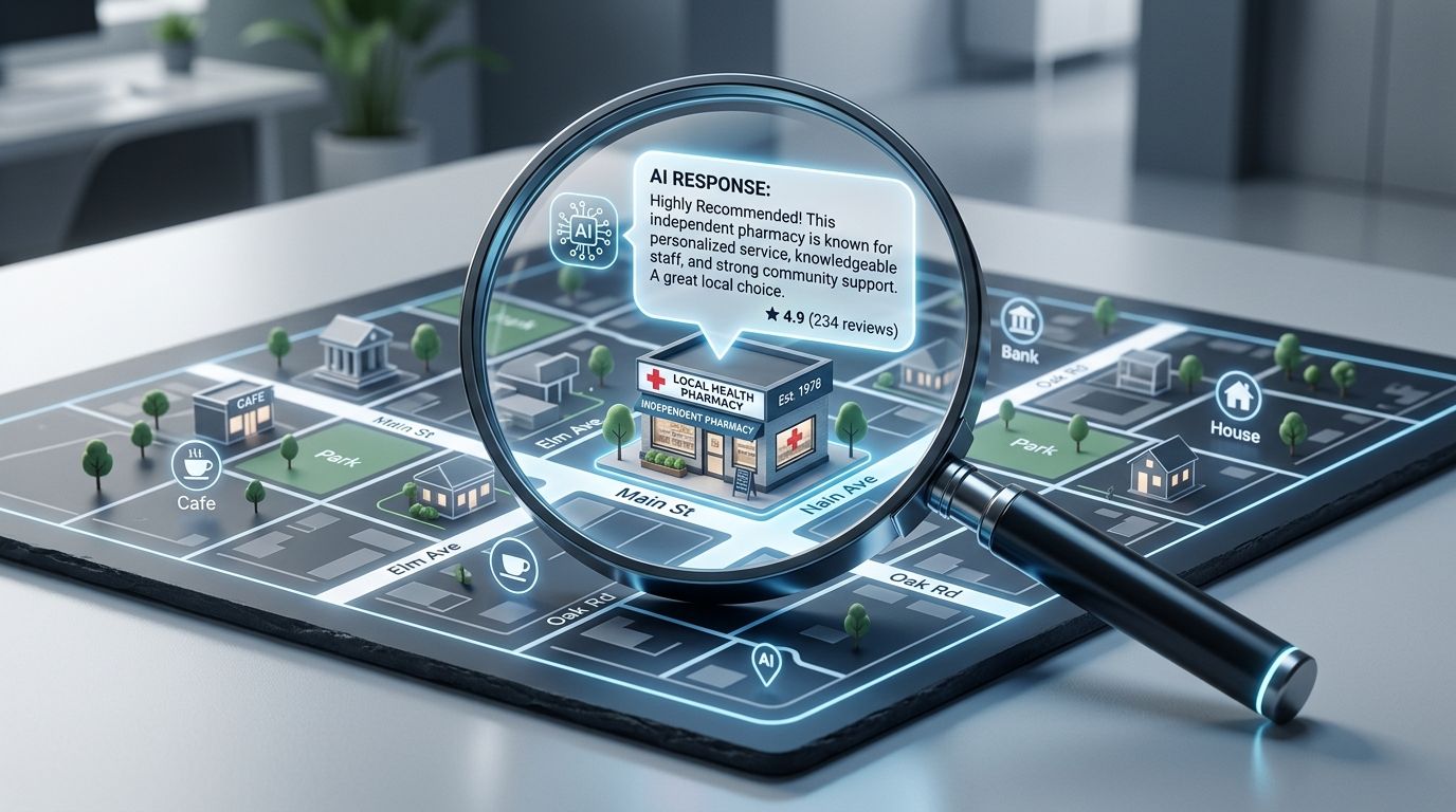 A digital magnifying glass hovering over a local map, highlighting an independent pharmacy with an AI chat bubble recommendation.
