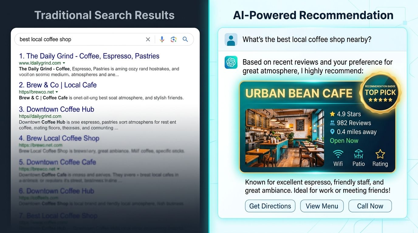 A split-screen comparison showing traditional Google search results with blue links on the left and a modern AI chat interface recommending a local business on the right.