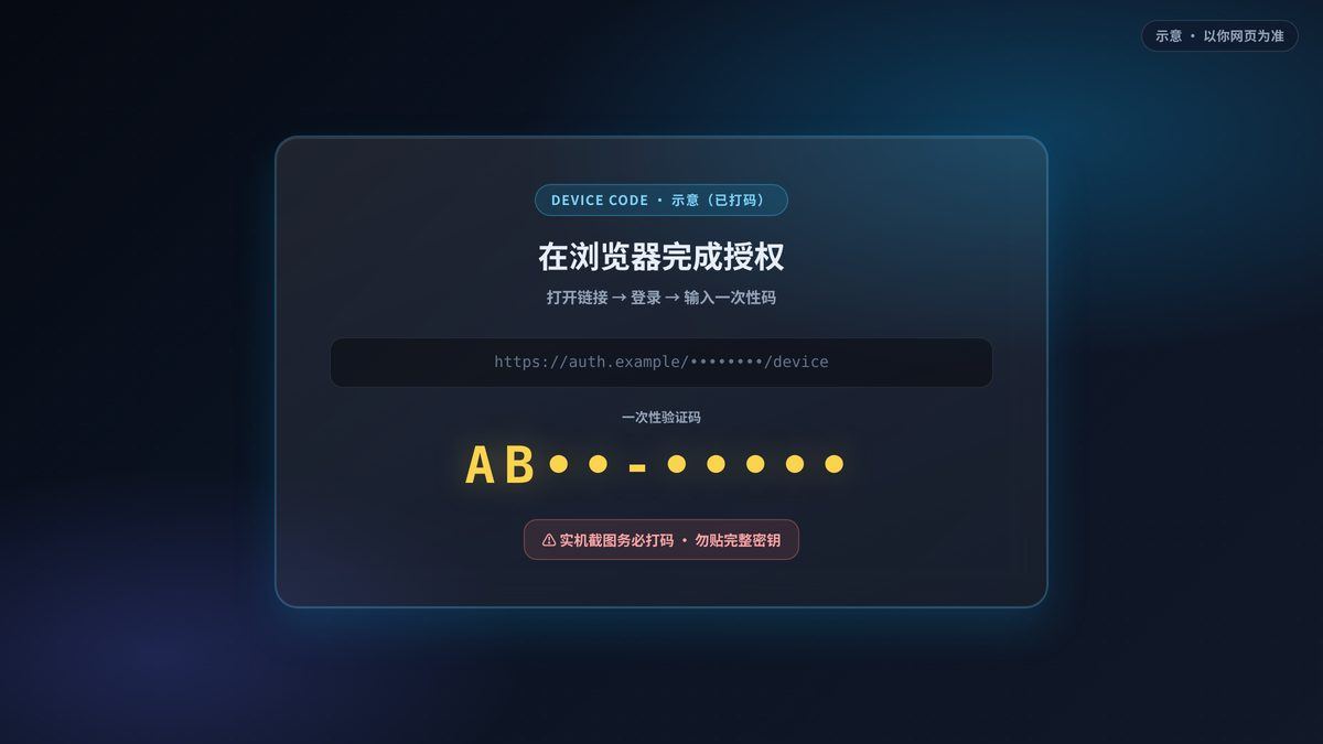 设备码页：链接 + 验证码（示例已打码）