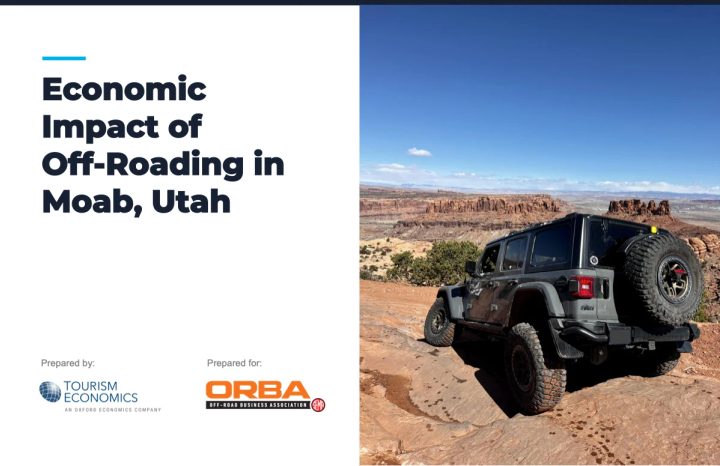 Original report cover: Economic Impact of Off-Roading in Moab, Utah, prepared by Tourism Economics for ORBA, with a Jeep overlooking the desert.
