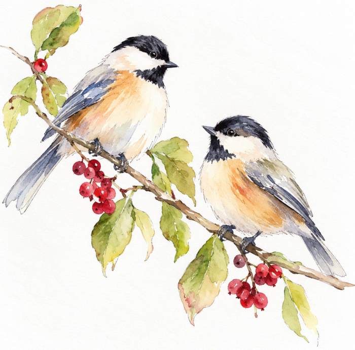 Watercolor of two birds sitting on a branch with red berries.