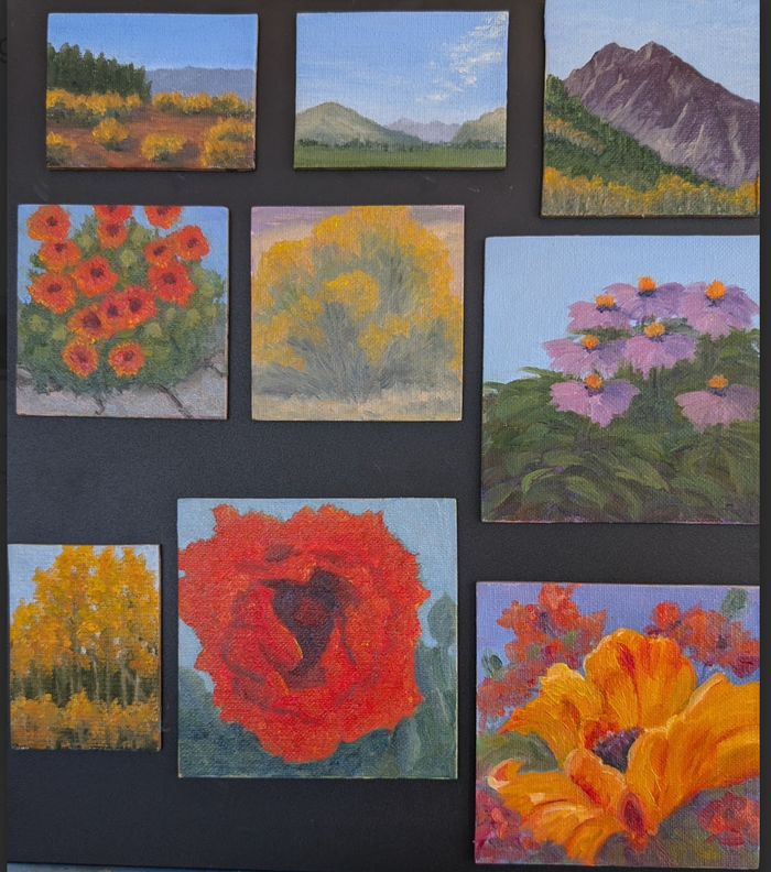 Photo of 9 different mini paintings on small flat magnets. Paintings are of flowers and outdoor landscapes.