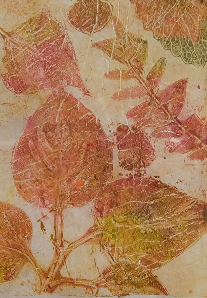 Image of botanical gel print in red, yellow, and green