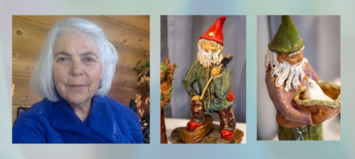Combined image of the instructor, Thesa Callinicos, plus completed gnomes