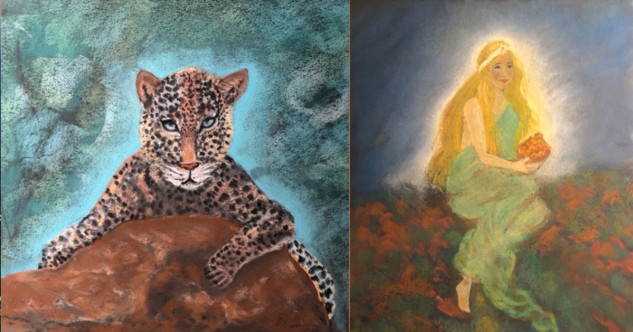 Two pastel drawings, one of a jaguar and one of a woman in a green dress.
