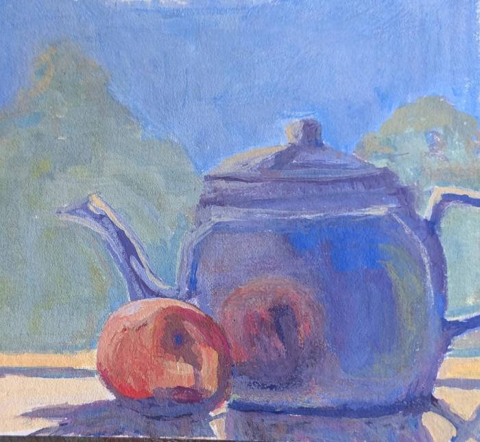 Photo of a painting with a tea kettle and peach. Colors are blue, green, orange, yellow and red.