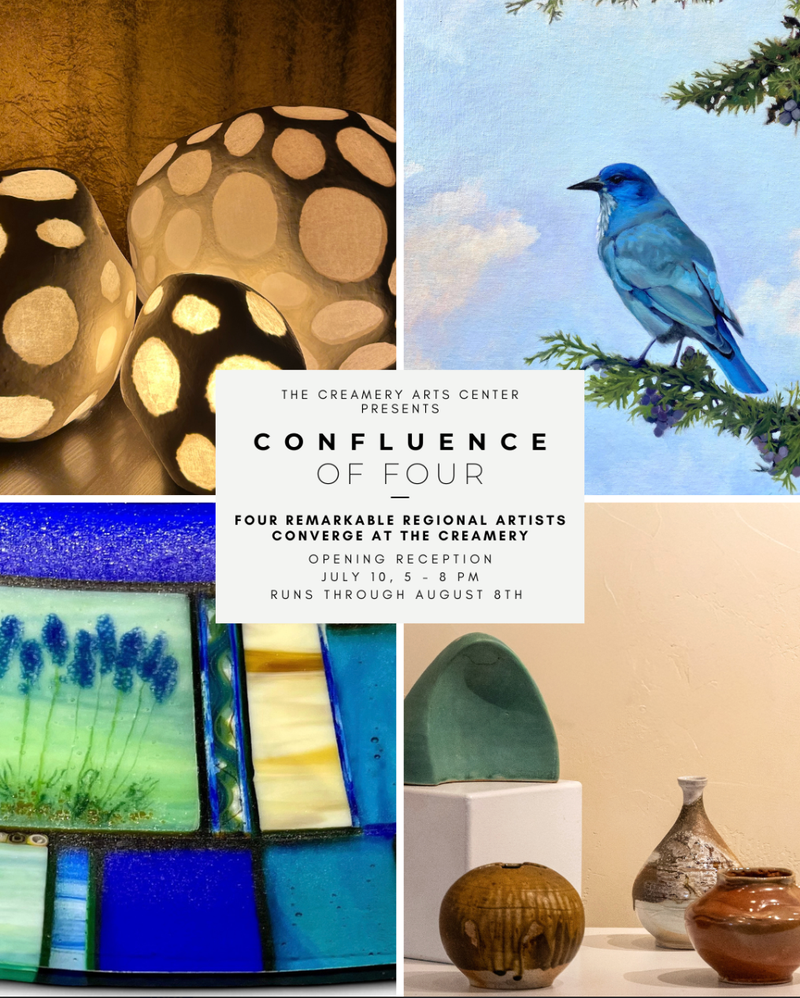 A montage of four photos, one with a painting of a bird mostly blue, one with 4 pieces of pottery, one with a close up of fired glass and lastly one with some organic art lamps.