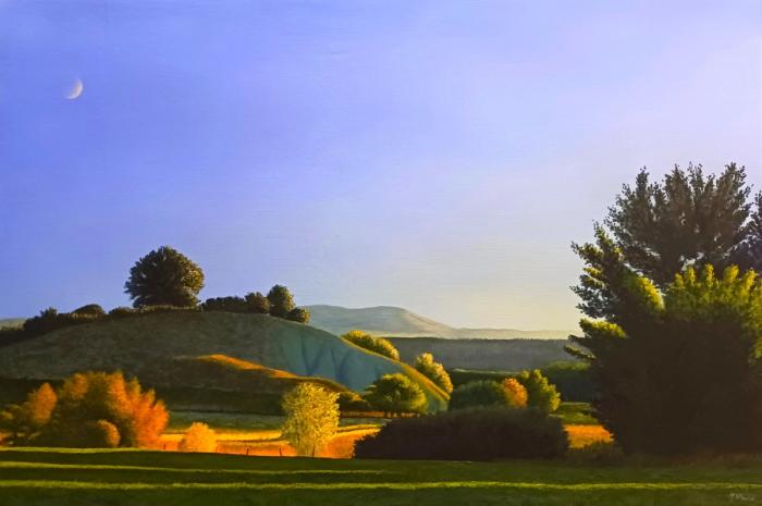 Painting of farmland in the foreground, trees and silhouettes of trees, hills in the midground and far in the distance mountains. The sky is blue with a faint sliver of the moon.