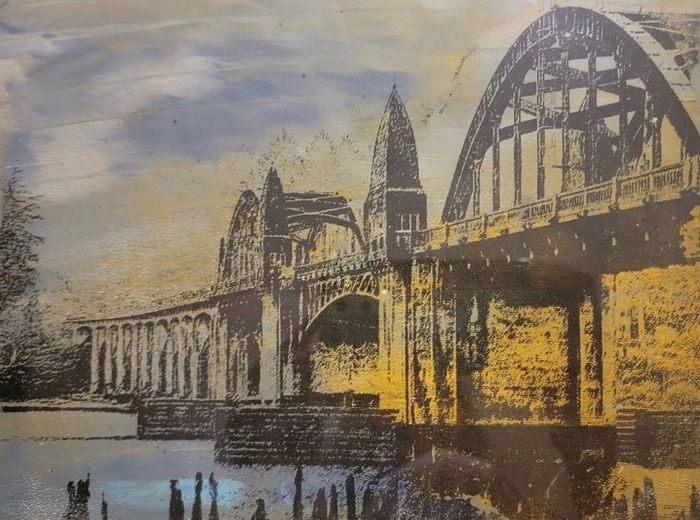 Gel plate print image transfer of a bridge. Colors are black, blue and yellow.