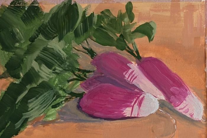 Photo of a painting of red radishes with green stems on an orange background.