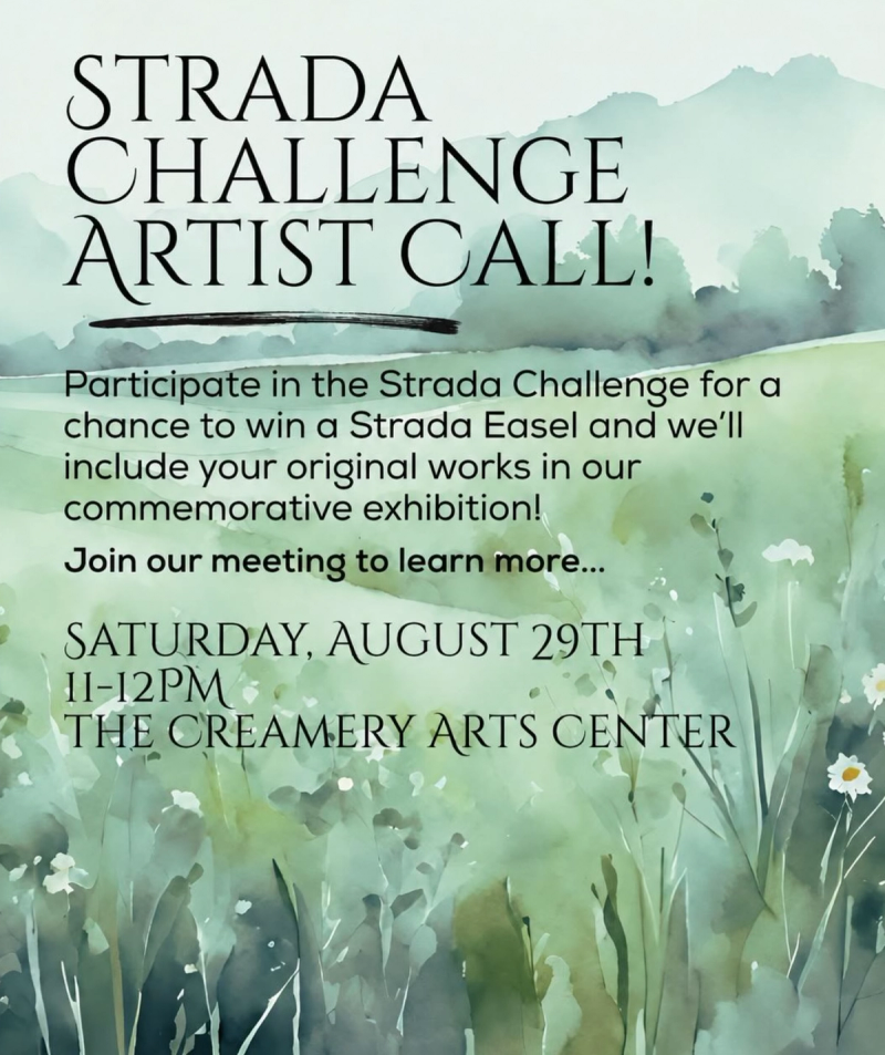 Poster with green and blue landscape watercolor. Text with title and dates