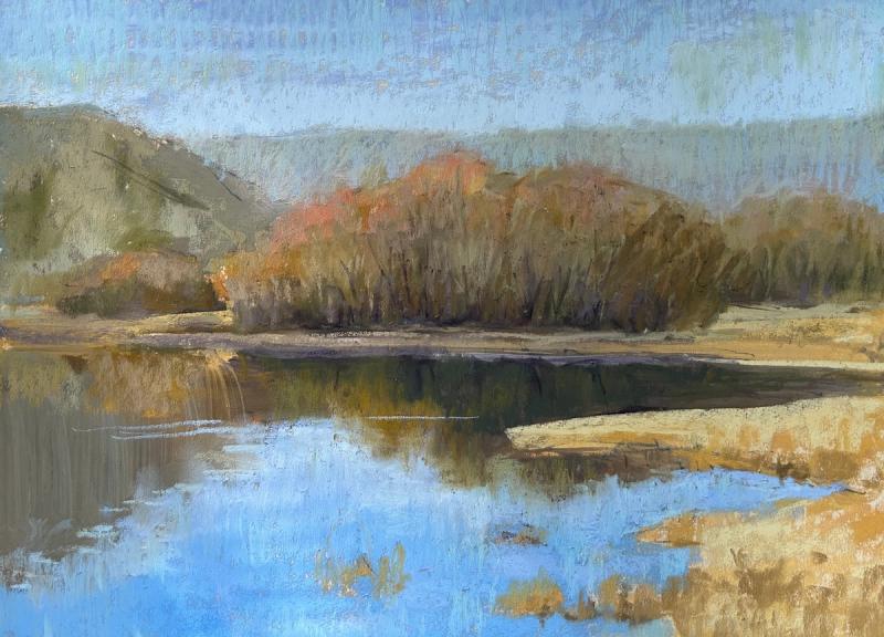 Landscape scene painting of water, small trees and mountains in the background. 