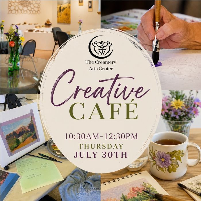 Collage of an art gallery, a hand painting, a cup of tea, a painting, some fresh flowers and the title Creative Café.