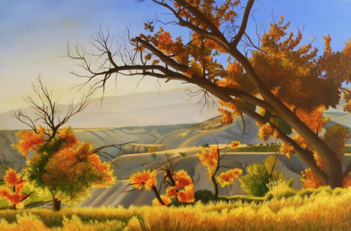 Painting of trees in the foreground, rolling hills and mesas in the background, fall colors and blue sky.