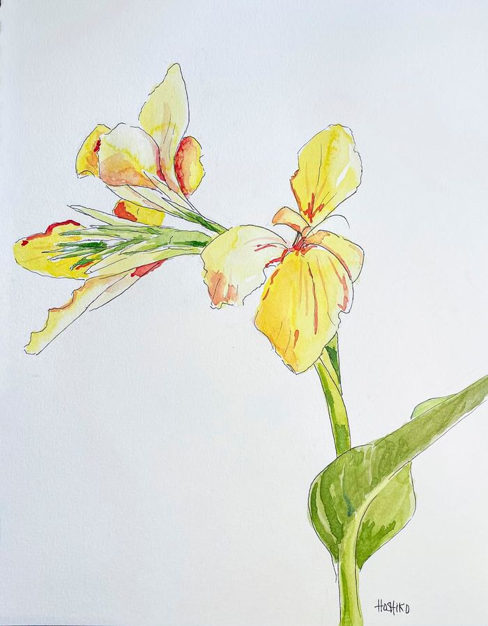 Watercolor painting of yellow flowers.