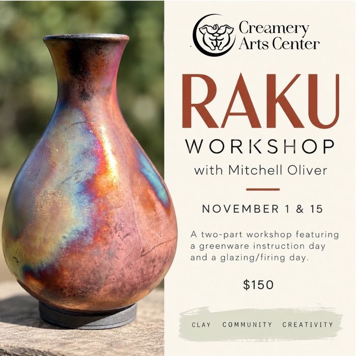Poster for Raky workshop. Photo of a raku vase with multicolors.