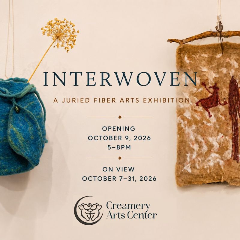 Poster for Interwoven with two felted pieces of are, one is a blue vase the other is a partial view of a tan and rust colored rectangle wall hanging.