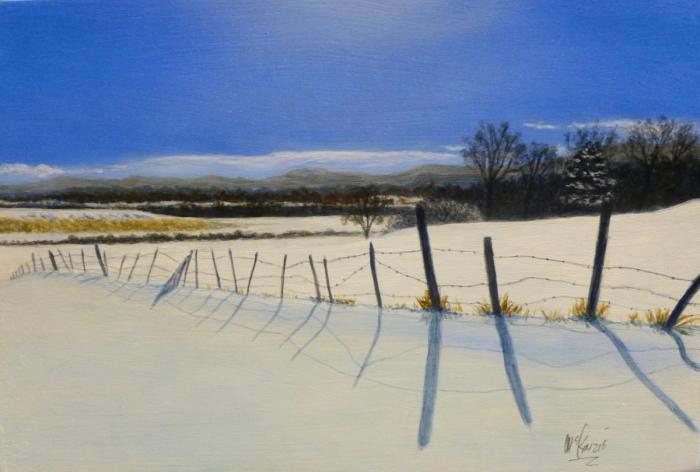 Painting of a Winter scene with snow, a fence, blue sky and some trees in the background.