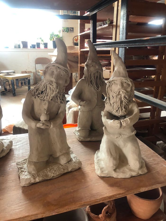 Picture of in-progress gnomes drying to be fired