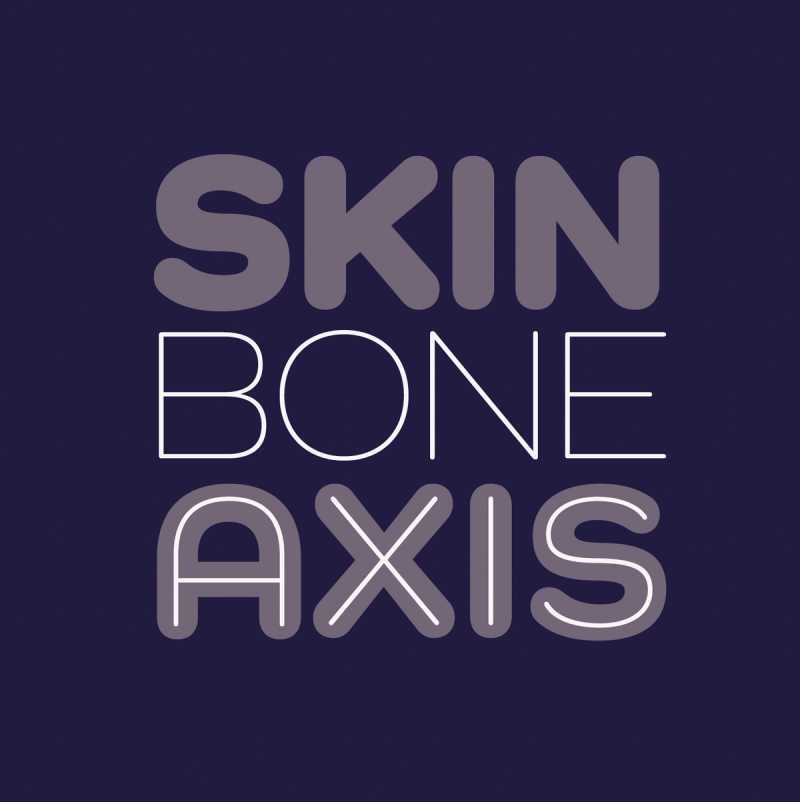 Large decorative type on purple background that reads "SKIN BONE AXIS"