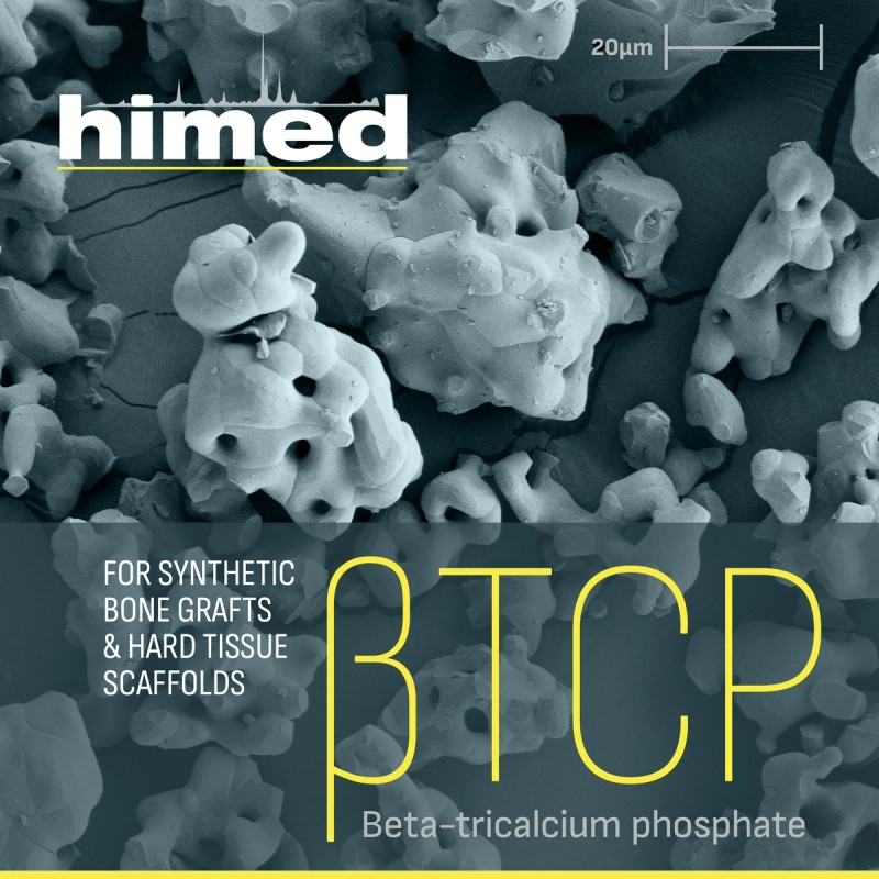 Microscopic scan of beta-tricalcium phosphate with the abberviation bTCP in yellow and the Himed logo